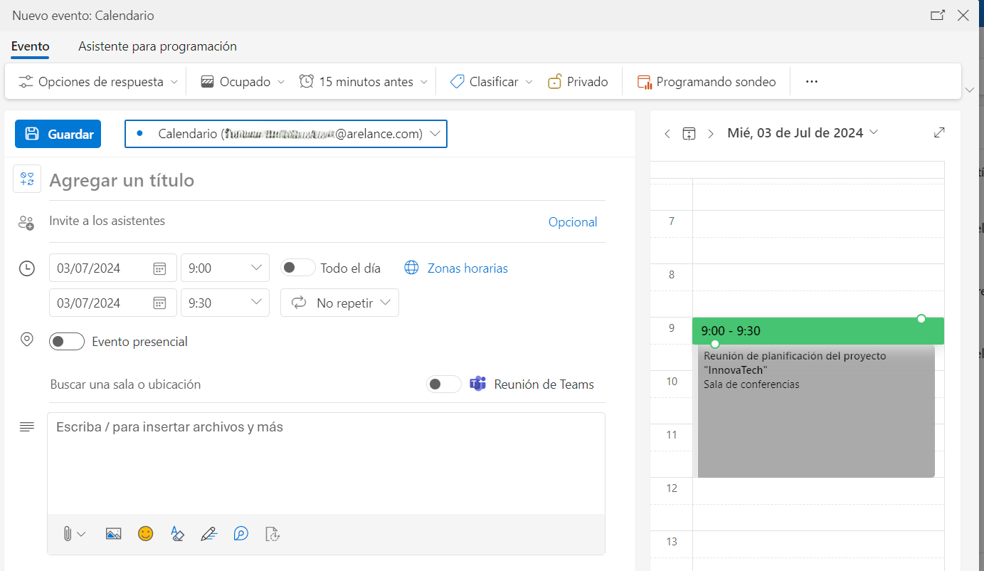 Creación de un evento de calendario